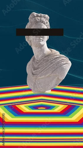 Animation of statue over moving coloured hexagonal surface with blue background