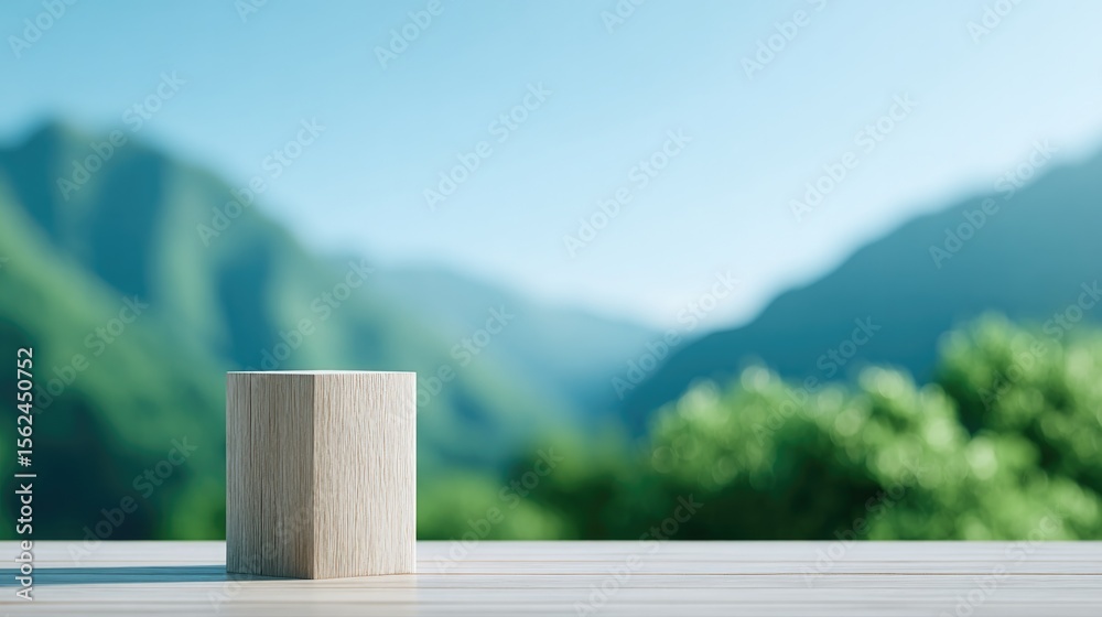 Fototapeta premium tall empty podium with natural wood surface set against green mountain backdrop in outdoor setting