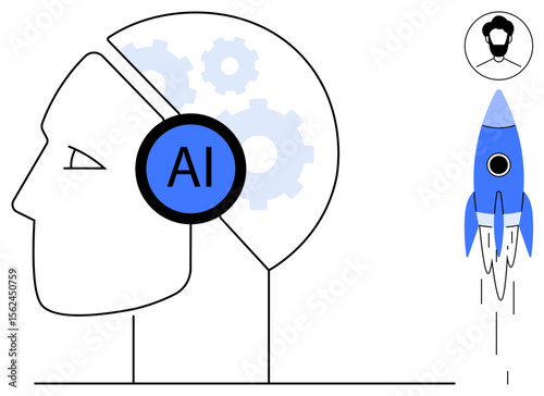 Profile of a human head with AI gears, brain visualization, and a rocket launch representing progress. Ideal for innovation, technology, AI, progress, startups creativity futuristic concepts. A