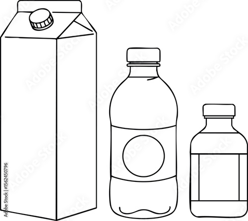 Beverage containers illustration with carton bottle and plastic bottles line art vector 