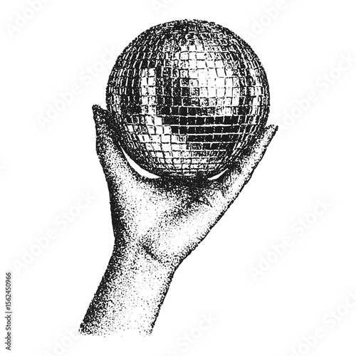 Hand holding disco ball with vintage stippled photocopy texture. Vintage New Year's Eve disco party retro graphic collage element. Vector illustration