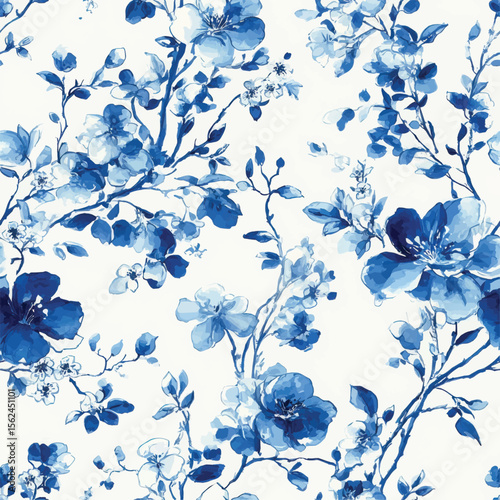 Watercolor blue flower pattern repeats across a white background