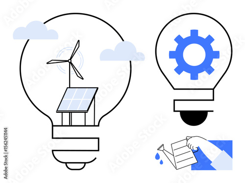 Light bulbs featuring a wind turbine and solar panel, blue gear, and a hand watering a paper plant. Ideal for innovation, sustainability, technology, eco-friendly ideas, energy, growth teamwork
