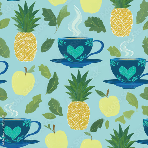 Bright seamless pattern features pineapples, apples, steaming teacups and foliage