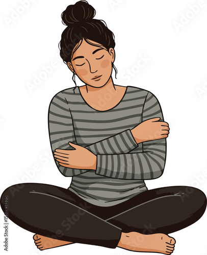 Young woman sitting cross legged hugging herself in striped shirt vector illustration 