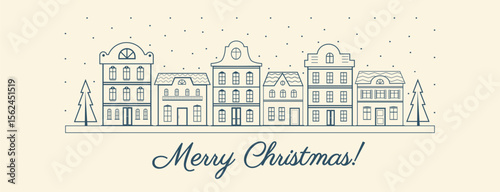 Winter Christmas houses. Line art drawing. Christmas horizontal banner with European city landscape. Houses silhouette.