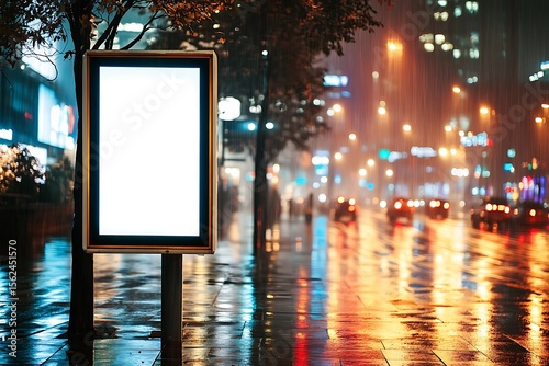 City billboard glows amid the rain, showcasing urban life and illuminated streets in a nocturnal cityscape view. photo