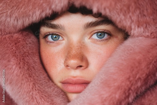 Captivating beauty emerges from a soft pink coat in a dreamy winter setting