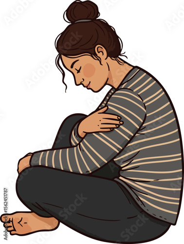 Young woman sitting curled up in striped sweater with bun hairstyle vector illustration 