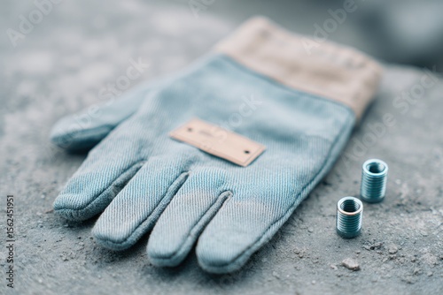 flat-lay of workshop gloves inspection tag sample bolt and magnetic stand on gritty worktable surface