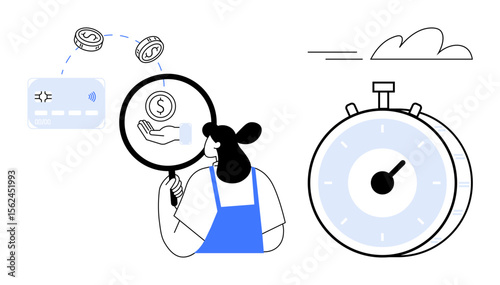 Woman holding magnifier examining credit card and coins in hand, stopwatch signifying urgency, cloud above. Ideal for finance, budgeting, analysis, time management, saving, planning investment