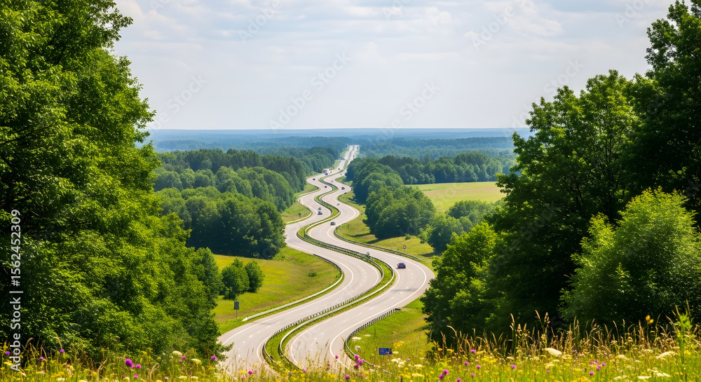 Naklejka premium A winding road stretches through a lush green landscape with trees and fields under a cloudy sky.