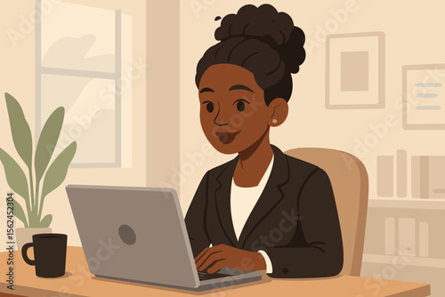 African American businesswoman working on laptop computer in a modern office. Black female professional, employee, or freelancer typing at her desk. Corporate career concept vector.