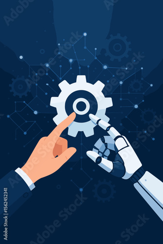 Artificial intelligence and human collaboration concept. Robot and businessman hands touching a cogwheel. Metaphor for synergy, automation, innovation, machine learning and Industry 4.0.