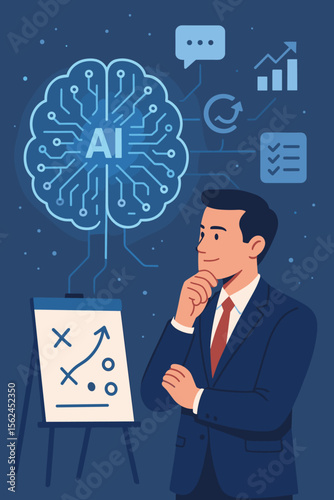 Businessman using AI for business strategy and planning. Visionary manager thinking with an artificial intelligence brain for future growth, data analysis, automation, and innovation.