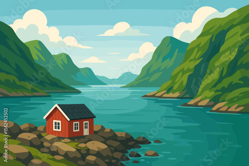 Vector illustration of a serene Scandinavian fjord landscape. A traditional red wooden cabin sits on a rocky shore next to the calm sea bay with green mountains under a blue sky.