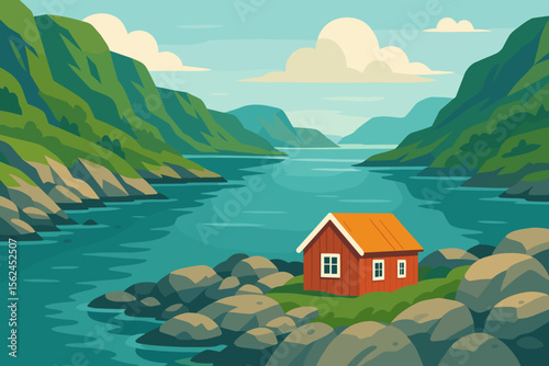 Serene Scandinavian fjord landscape with a red wooden house on the rocky coast. Vector illustration of a peaceful Norwegian bay with green mountains and calm water. Nordic summer travel.