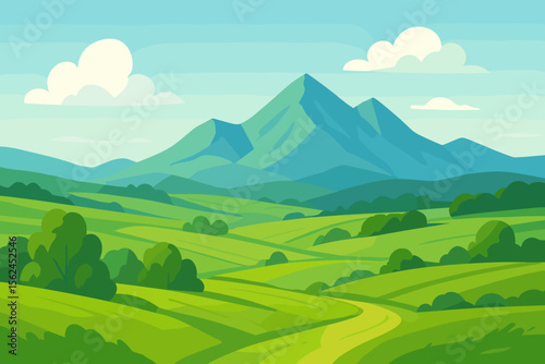 Beautiful summer landscape with green hills, fields, and mountains. Rural nature scene with path, trees, and blue sky with clouds. Modern flat cartoon vector illustration background.