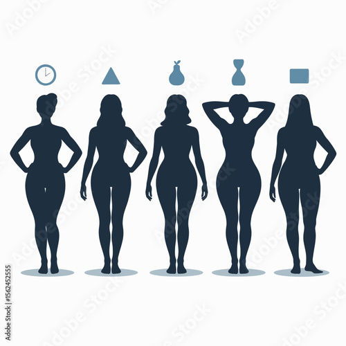 Silhouettes of five different female body types shown from the back, each labeled with a distinct icon—clock, triangle, pear, hourglass, and square—on a light gray background.

