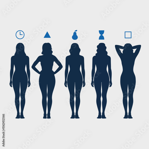 Silhouettes of five different female body types shown from the back, each labeled with a distinct icon—clock, triangle, pear, hourglass, and square—on a light gray background.

