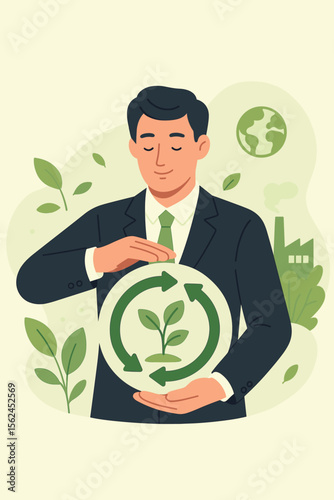 Bio circular, green economy concept. Businessman protecting circular economy icon. Sustainable strategy for business growth, eliminating waste and pollution. ESG and corporate responsibility.