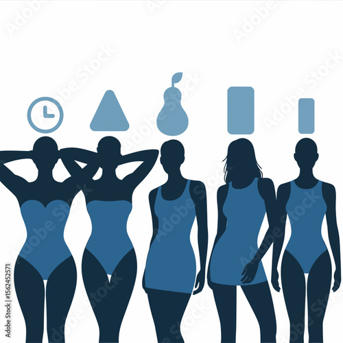 Silhouettes of five different female body types shown from the back, each labeled with a distinct icon—clock, triangle, pear, hourglass, and square—on a light gray background.

