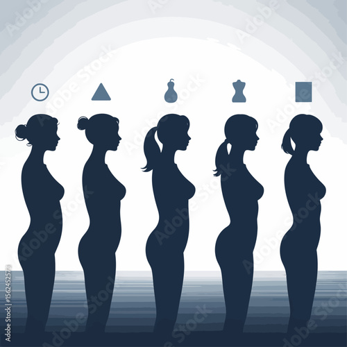 Silhouettes of five different female body types shown from the back, each labeled with a distinct icon—clock, triangle, pear, hourglass, and square—on a light gray background.

