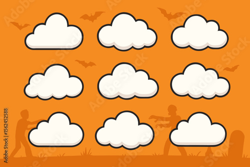 Halloween vector illustration set. Zombie silhouettes walking in a spooky cemetery with gravestones. Cartoon clouds as text frames or speech bubbles on an orange sky with flying bats.