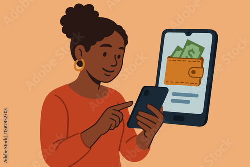 Black woman using smartphone for mobile banking. Digital wallet app concept. Online payment and money transfer. African American female character managing personal finances.