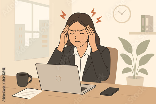 Stressed businesswoman suffering headache at office desk. Overworked employee burnout. Workplace stress, anxiety, mental health problem. Modern flat vector illustration. Corporate pressure concept.