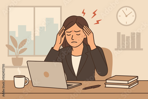 Stressed businesswoman headache office desk. Overworked employee mental burnout. Workplace stress concept. Modern flat vector illustration. Laptop, coffee, books, clock, city view, fatigue