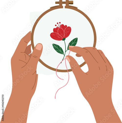 Hands Embroidering Red Flower with Green Leaves on Hoop Vector Illustration 