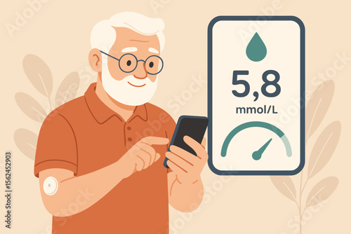 Senior man using smartphone app to monitor blood glucose level, diabetes management, continuous glucose monitor sensor, elderly health care technology, flat vector illustration