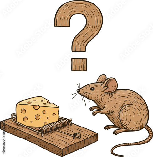 Mouse and cheese on wooden mousetrap with question mark illustration vector 
