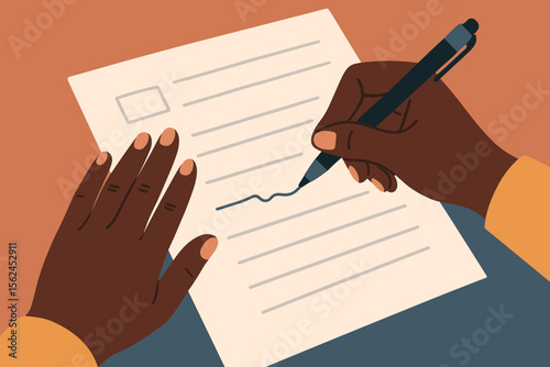 African American woman hands signing document, writing on paperwork, modern flat vector illustration. Close up, business contract, agreement, signature, office work, legal form, administration
