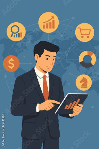 Businessman Using Tablet for Digital Marketing, Finance Analysis, Data Growth, Sales Strategy, Economic Planning, Banking, Global Business, Market Research, E-commerce, Investment, Infographic Icons