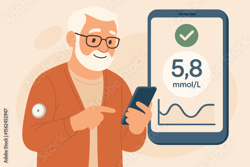 Senior man monitoring blood glucose with smartphone app. Diabetes management technology. Continuous glucose monitor sensor. Healthy lifestyle. Elderly patient digital health care concept.