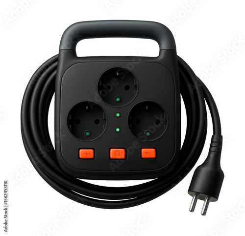 Portable grounded extension cord with a built-in handle, convenient for outdoor gatherings to power lights and speakers. photo