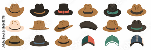 Hand-drawn vector icons of assorted classic and casual hats