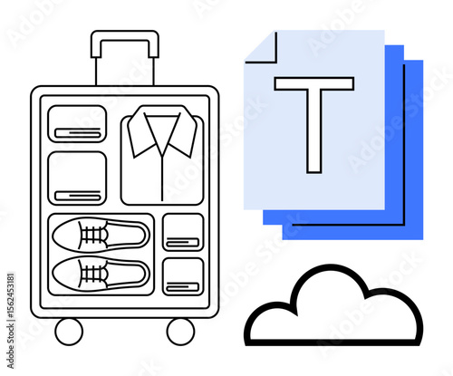 Packed suitcase with shirt, shoes, organized compartments text documents cloud icon. Ideal for travel, organization, productivity, work, minimalism, cloud storage simple landing page