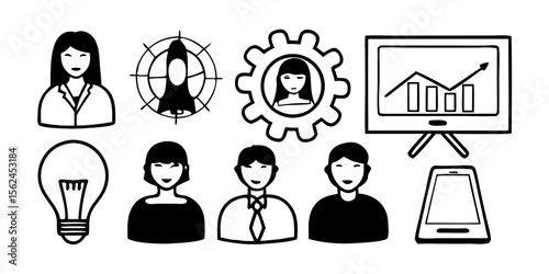 Minimalist Icon Set: Representing Business Processes, Brainstorming, Customization & Schedule