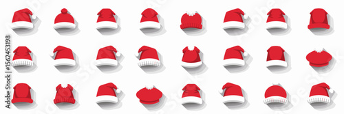 Vector sheet of red and white Christmas hats on white background – Great for festive icon sets, seasonal branding, or holiday design projects.