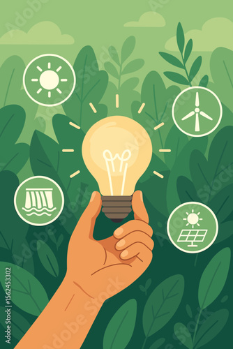 Hand Holding Light Bulb Surrounded by Green Leaves and Renewable Energy Icons, Sustainable Development, Clean Energy Sources, Solar, Wind, Hydro Power, Ecology, Environmental Conservation Concept
