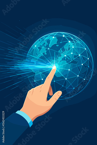 Hand Touches Digital Global Network, Fastest Data Connection, Internet, AI, Data Transfer, Fast Digital Communication, Information Technology, Global Connectivity, Innovation Concept
