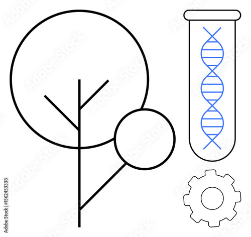 DNA helix in a test tube next to a stylized tree and gear, representing biotechnology, nature, and innovation. Ideal for science, research, sustainability, development, progress technology