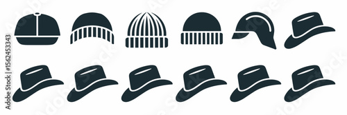 Variety of hat vector icons including caps, beanies, and helmets – Great for fashion design tools, digital avatars, or clothing brand assets