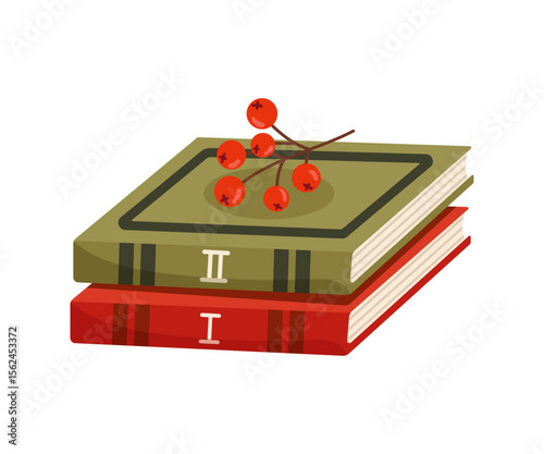 Autumn books with rowan berries. Cozy fall reading illustration in flat style. Vector clipart