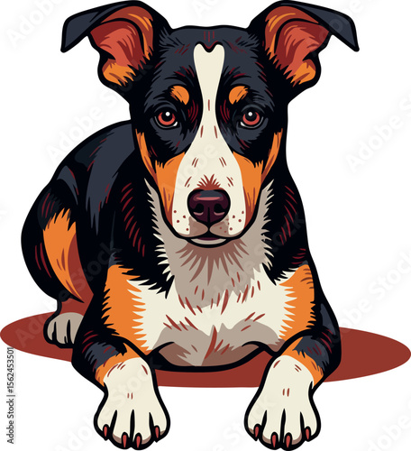 Tricolor dog lying down looking forward vector illustration with detailed fur and attentive expression 