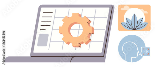 Laptop displaying gear overlay on grid, lotus leaf design signifying wellness, and AI facial recognition icon. Ideal for health-tech, productivity, AI, mindfulness, digital work-life balance