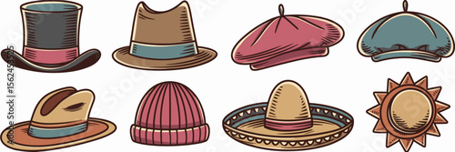 Whimsical hand-drawn vector hats with vintage charm